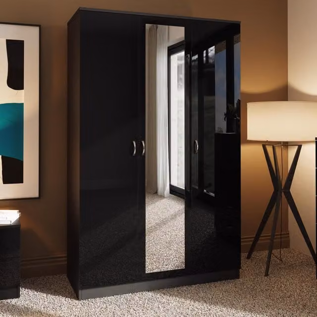 FWStyle Black Gloss 3 Door Triple Wardrobe with Mirrors