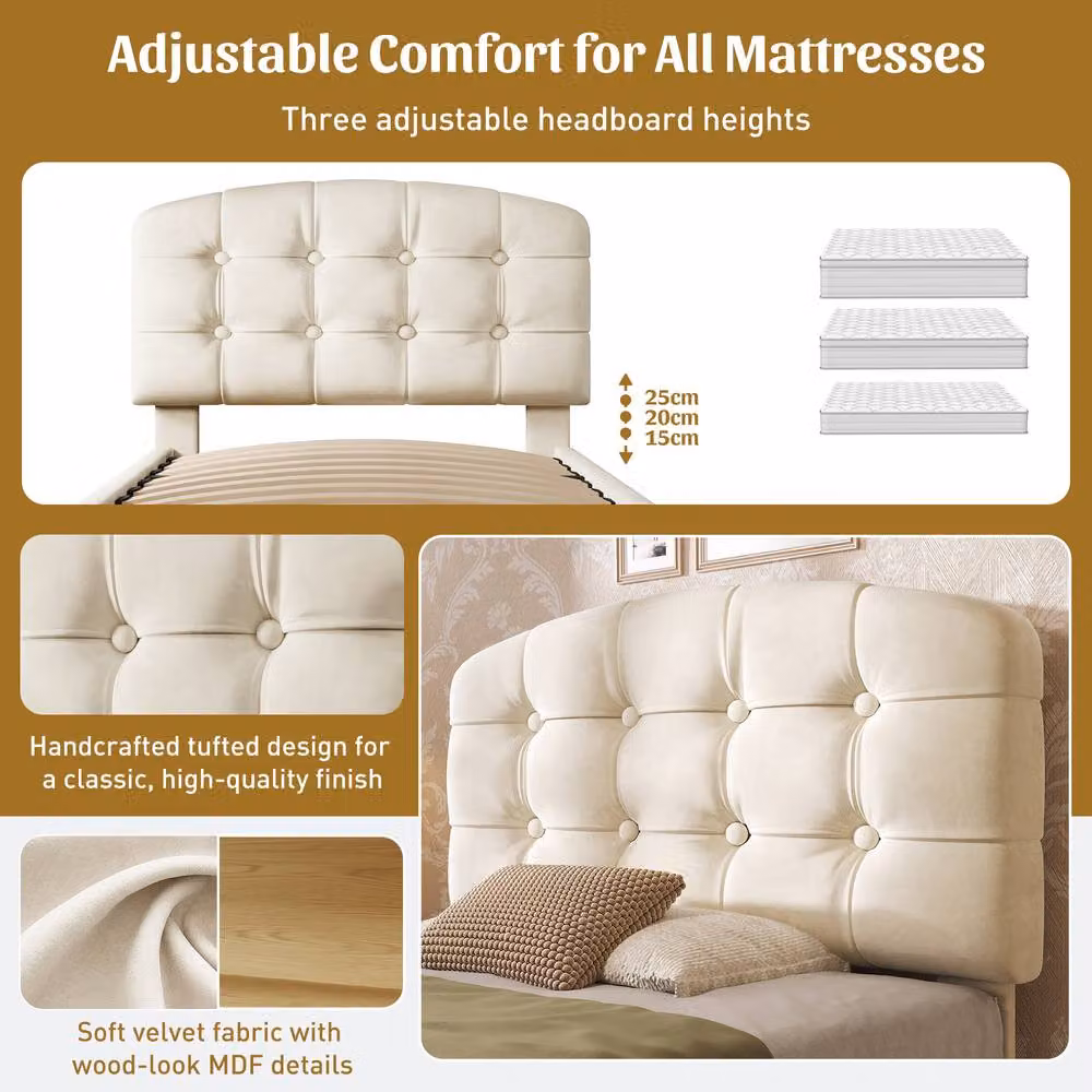 Matteo Upholstered Velvet Single Bed with Storage Drawers in Beige, W/D/H: 90 x 190 cm – 3