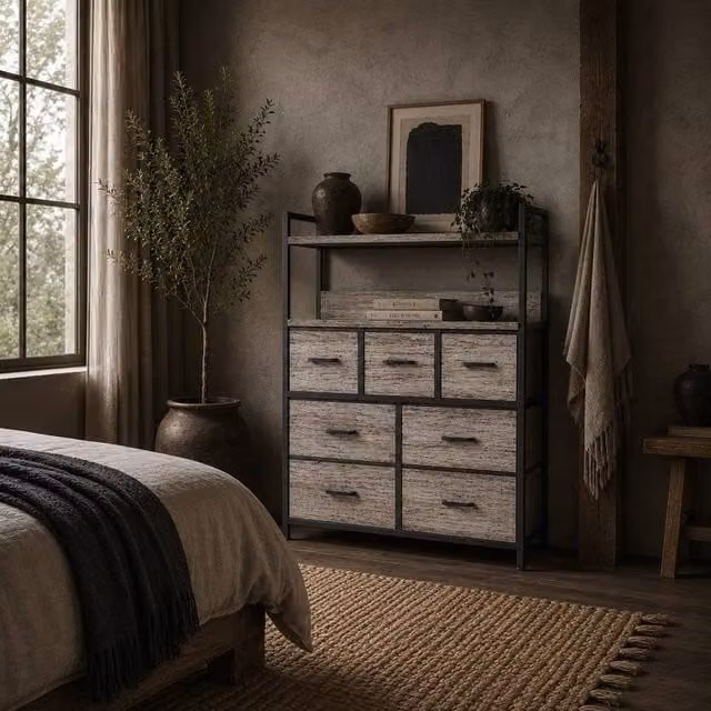 Wyld Haus Norale 7 Drawer Fabric Dresser in Grey Wood Effect with Open Shelves – 1
