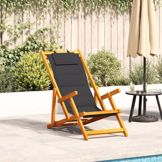 Berkfield Home Folding Beach Chair with Armrests and Adjustable Headrest in Black Acacia Wood and Textilene