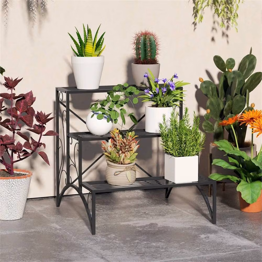 Nordara Black 3-Tier Metal Plant Stand for Garden, Balcony or Living Room, W/D/H: 100 x 15 x 15 cm – 3
