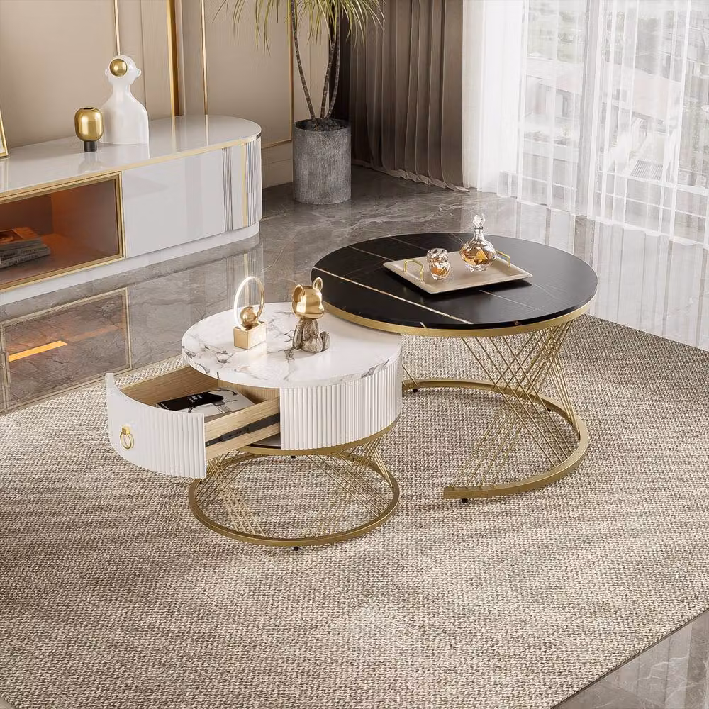 BTM Elegant Nesting Coffee Table Set of 2 with Drawers in White, Black and Gold – 2