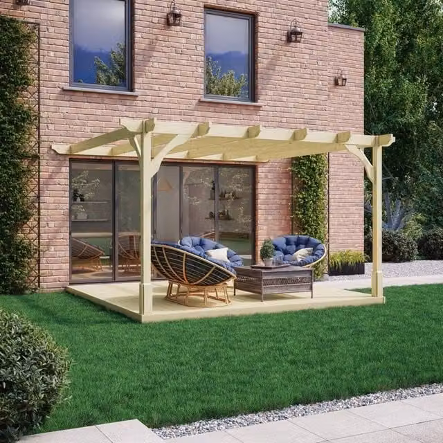 Rutland County Garden Furniture Premium Green Wall Mounted Lean-to Pergola and Decking Kit, W: 420 cm, D: 420 cm, H: 270 cm