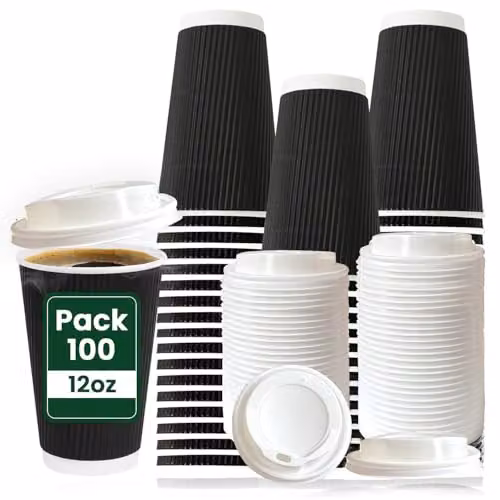 ECONX 100 Pack Black Ripple Triple Wall Disposable Coffee Cups with White Lids, 12oz – 1