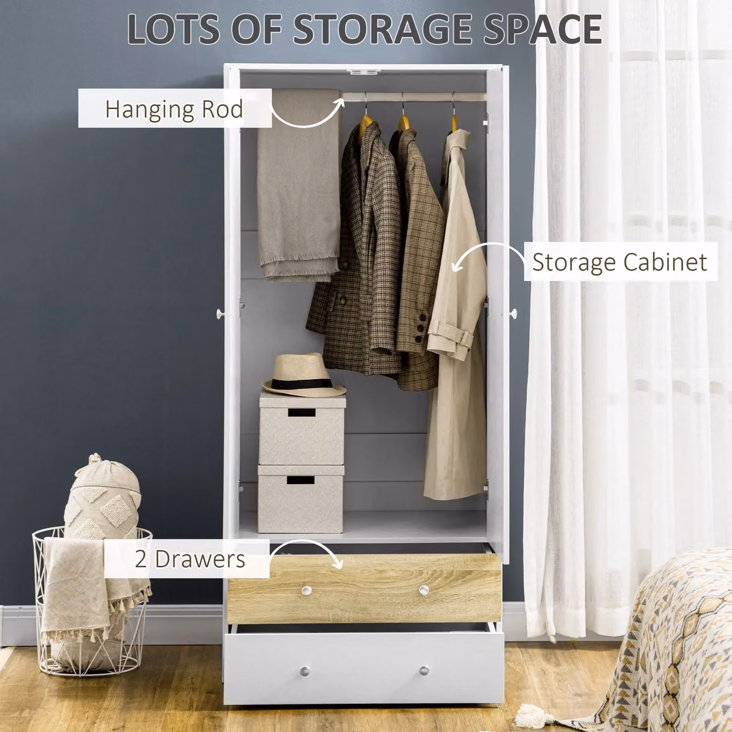 HOMCOM Modern White 2 Door Wardrobe with Drawers and Hanging Rod – 2