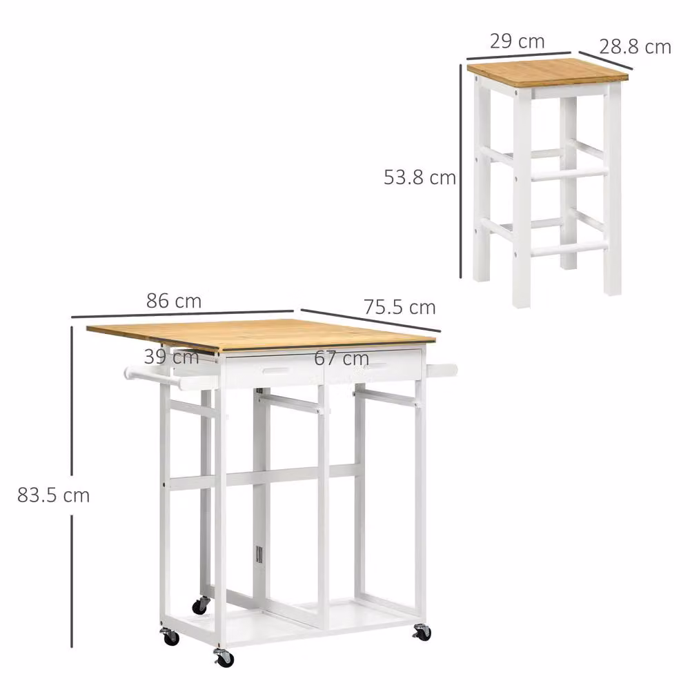 STILVORA White Lacquered Bamboo Breakfast Bar Set with Drop-Leaf Table and 2 Stools – 2