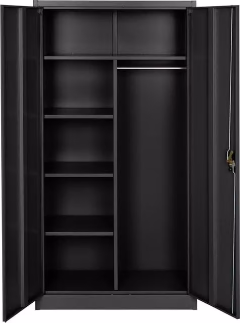 tectake Modern Black Metal Filing Cabinet with Hinged Doors, Lock and Hanging Rod for Home Office