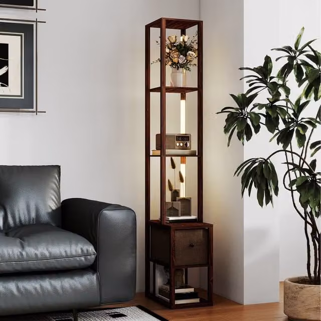 HOMCOM Modern LED Floor Lamp with Shelves and Fabric Drawer in Dark Brown