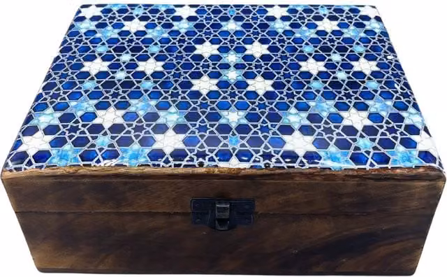 KDMK Blue Geometric Ceramic and Wood Storage Box with Lid W/D/H: 20 x 15 x 7.5 cm