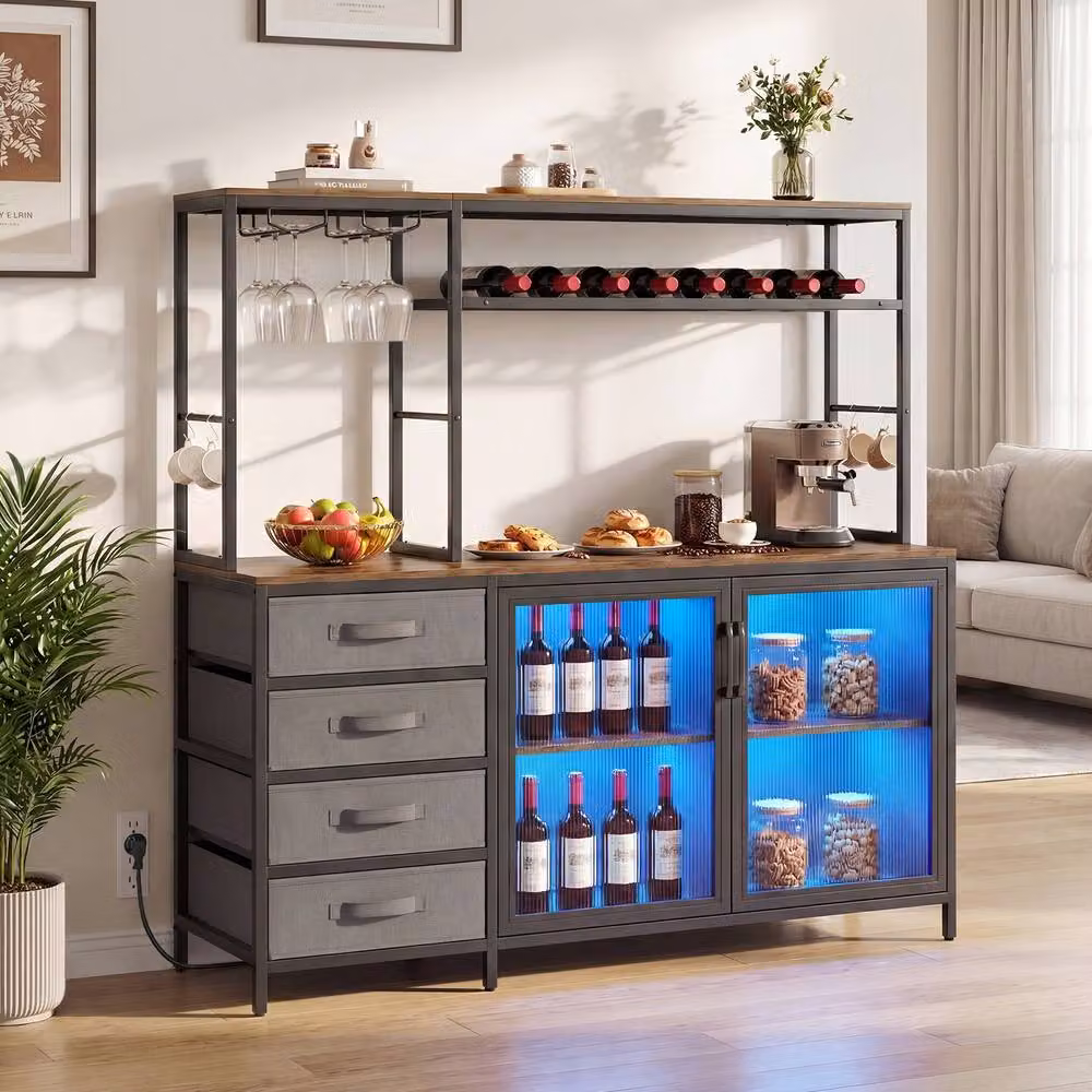 Costway Brown Modern Coffee Bar Cabinet with Charging Station, LED Light, Glass Doors and Bottle Rack – 6