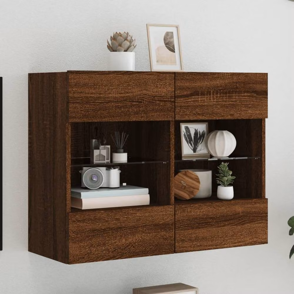 Berkfield Home Modern TV Wall Cabinet with LED Lights in Brown Oak, W: 78.5 cm, D: 30 cm, H: 60.5 cm – 2