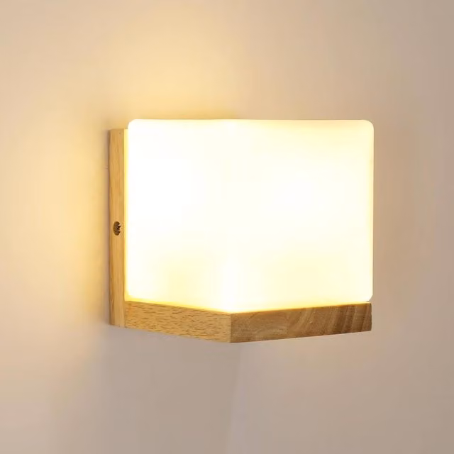 Goeco Vintage Square E27 Wood and Glass Interior Wall Lamp in White