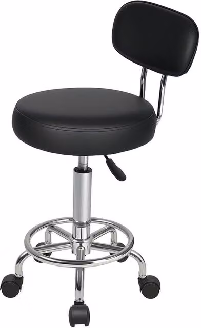 Levede Black PU Leather Rolling Stool with Low Back, Height Adjustable Swivel Task Chair with Footrest for Home, Office and Studio Use