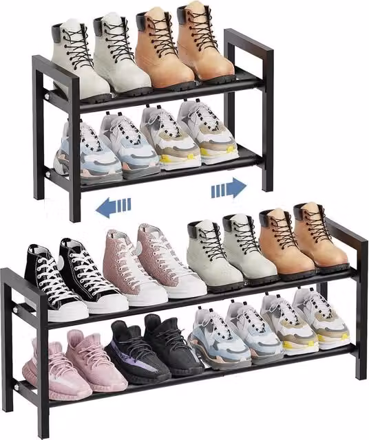 VOGREX 2-Tier Expandable Black Metal Shoe Rack – 1