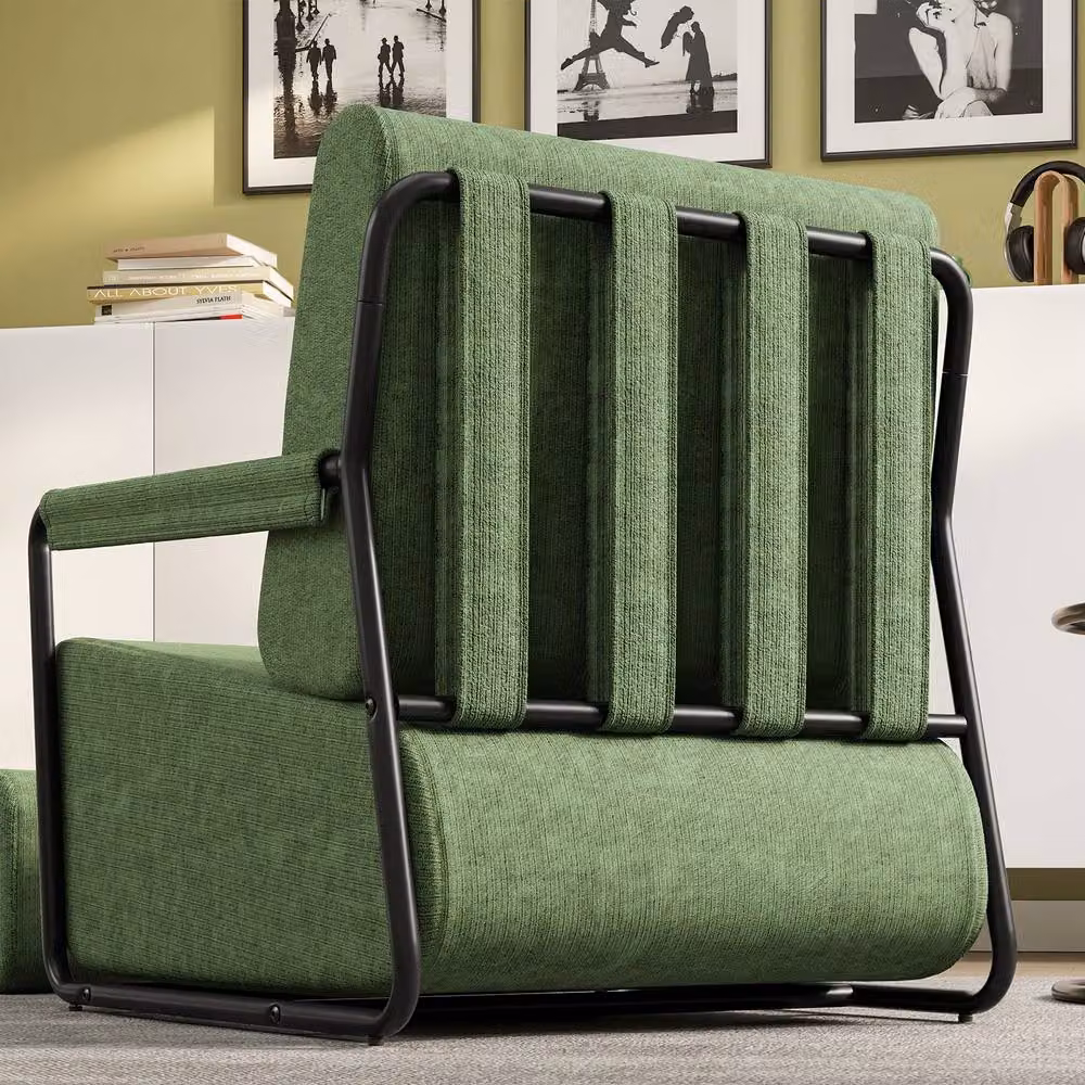SoBuy Modern Convertible Armchair with Ottoman in Dark Green Ribbed Fabric – 4