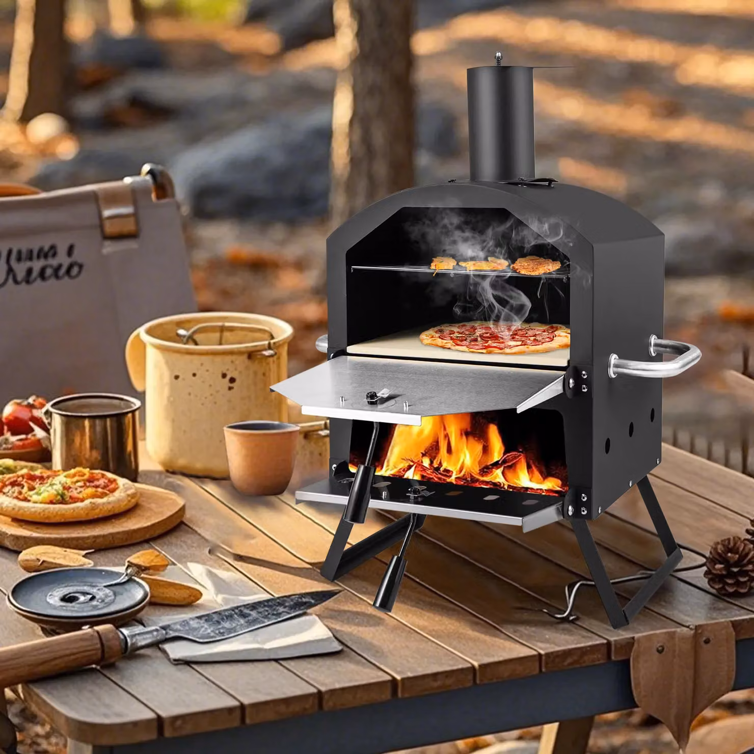 Costway 2-Layer Wood Fired Outdoor Pizza Oven and BBQ Grill with Stainless Steel, Black, W/D/H: 72.0 x 54.0 x 44.0 cm – 4