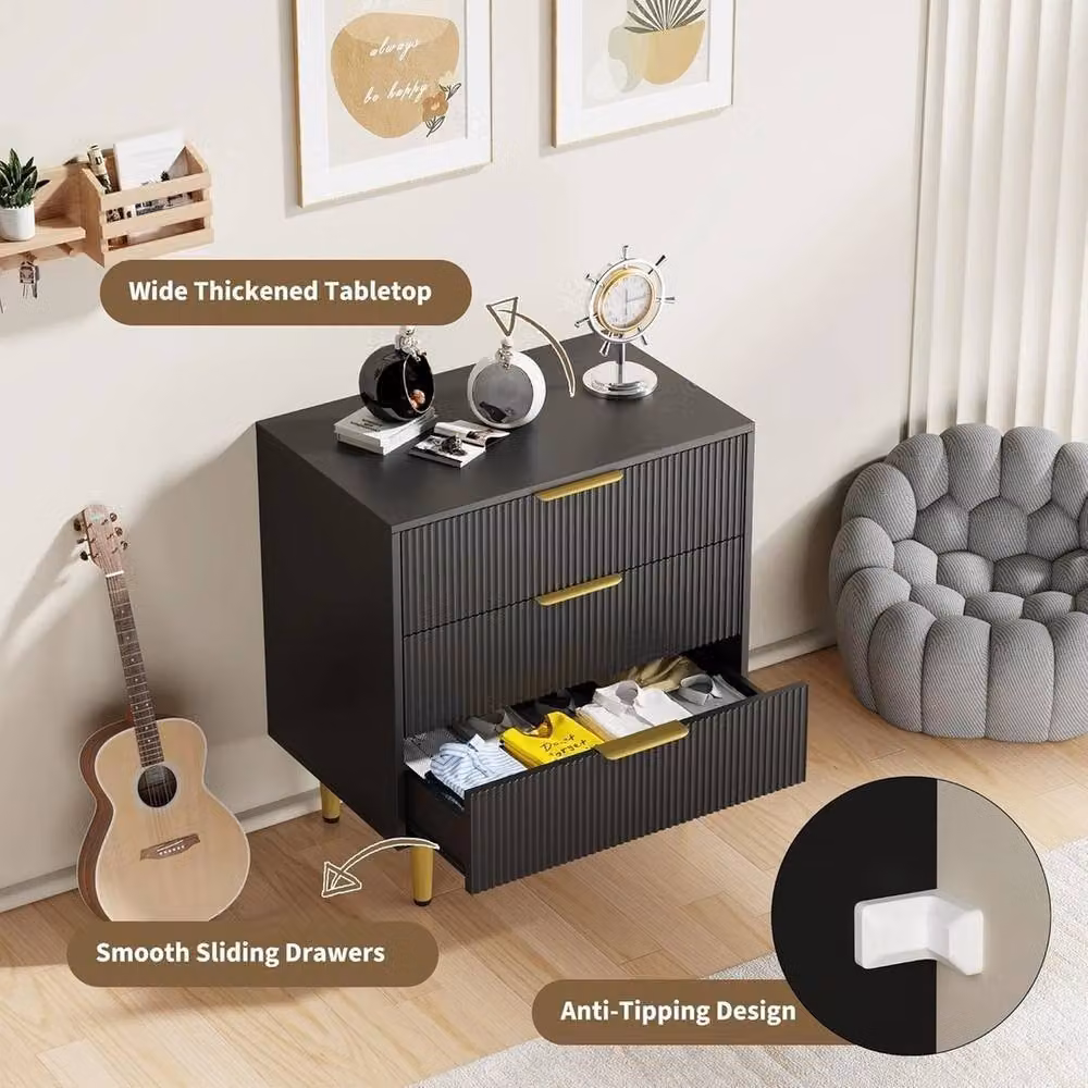 VOGREX 3 Drawer Bedside Table and End Table in Matt Black, H 76.2 x W 43.18 x D 43.18 cm – 3