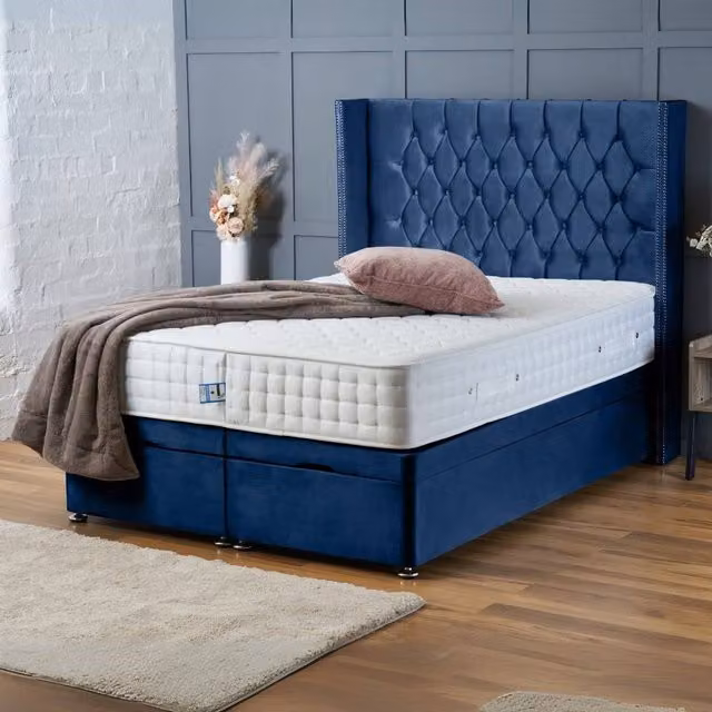 BSSPOKE Olivia Ottoman Divan Bed in Blue Plush Velvet with 54 inch Headboard, W/D/H: 140 x 200 cm