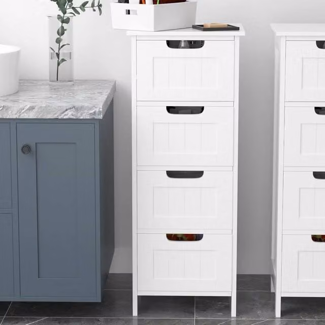 KORVIXA 4 Drawer Bathroom Cabinet and Shelf Cupboard in White, W: 70 cm, H: 75 cm