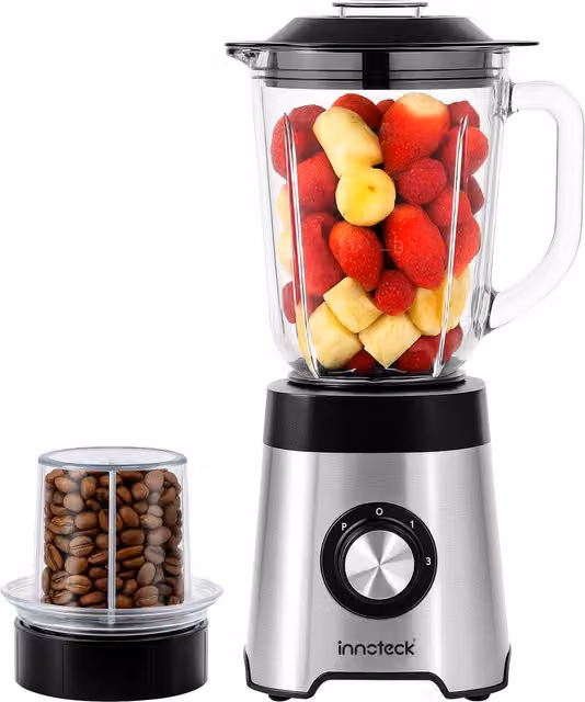 Innoteck 1.5L Glass Blender and Smoothie Maker with 500W Motor and Bean Grinder, Silver