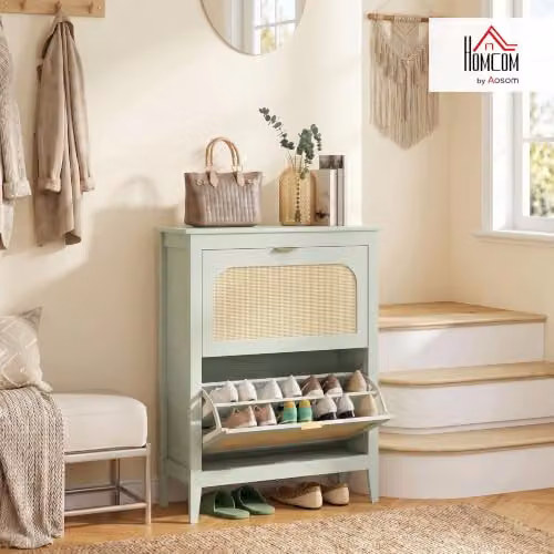 HOMCOM Boho Slim Shoe Cabinet with Rattan Doors, Holds 14 Pairs, Green – 2