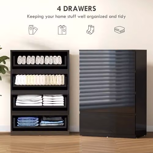 HOMCOM 4 Drawer High Gloss Black Chest of Drawers for Bedroom or Living Room – 4
