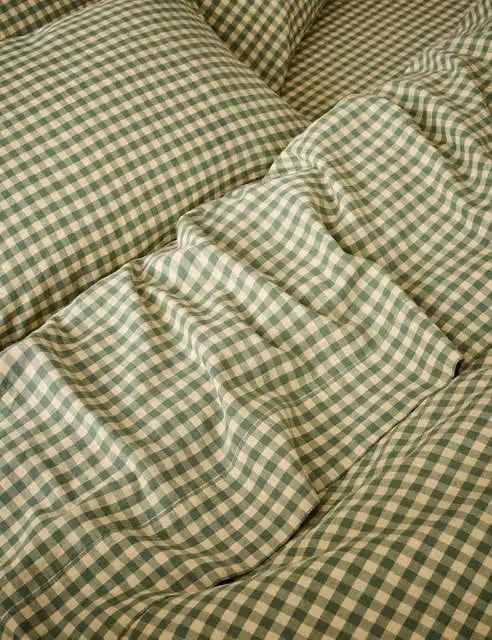 Piglet In Bed Green Gingham Linen Rich Flat Sheet, W: 200 cm x L: 200 cm