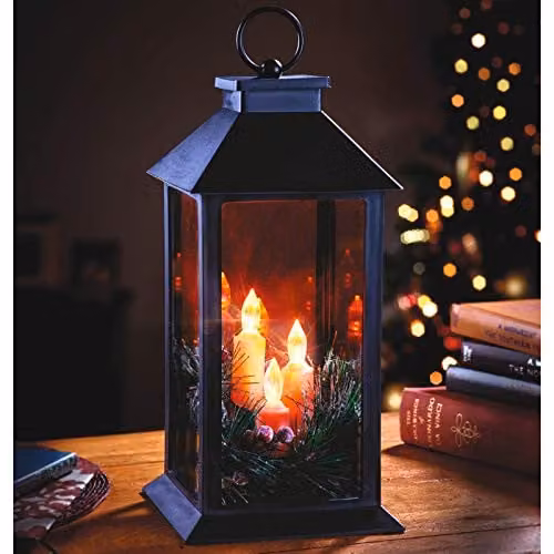 Burwells Christmas Lantern with 3 Flickering Warm White LED Candles, Black with Red and White Decorations, H 28.5 cm x W 14 cm x D 14 cm – 2