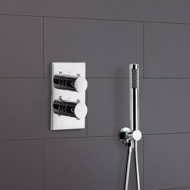 Nes Home Lily 2 Dial 1 Way Chrome Round Concealed Thermostatic Mixer Valve and Pencil Shower Handset in Silver – 1