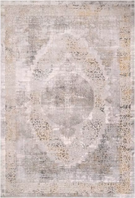 Kukoon Grey and Gold Metallic Traditional Medallion Low Pile Area Rug, W: 70 cm, L: 240 cm