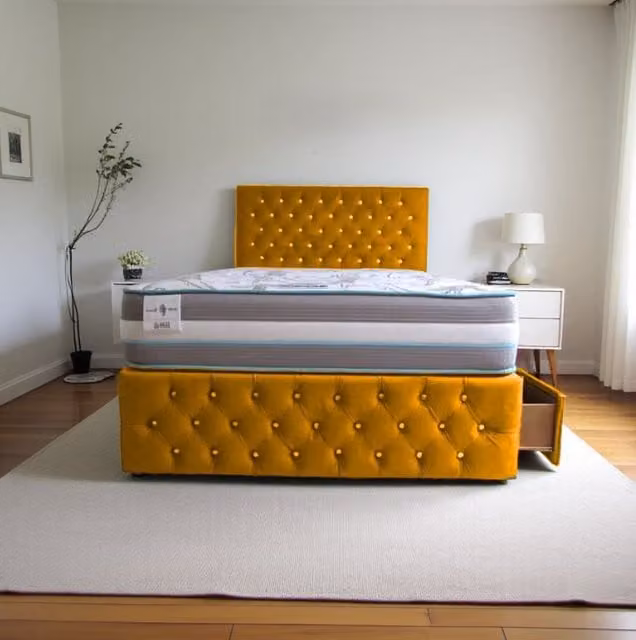 Knight Sleep Delaware Plush King Size Bed with Hybrid Mattress, 4 Drawers and Headboard in Mustard Yellow