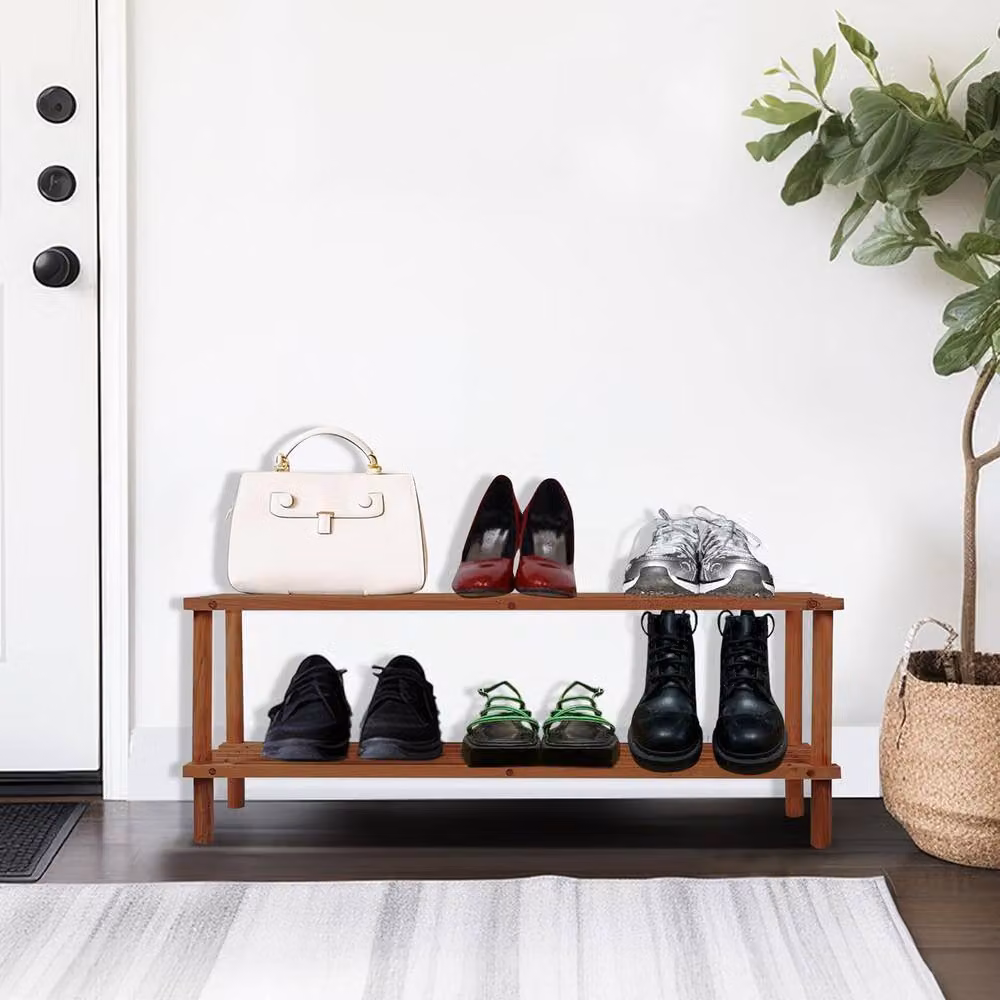 BARGAINS-GALORE 2 Tier Wooden Shoe Rack Footwear Storage Organiser Unit in Brown Walnut Effect, W/D/H: 74.0 x 26.5 x 29.5 cm – 2