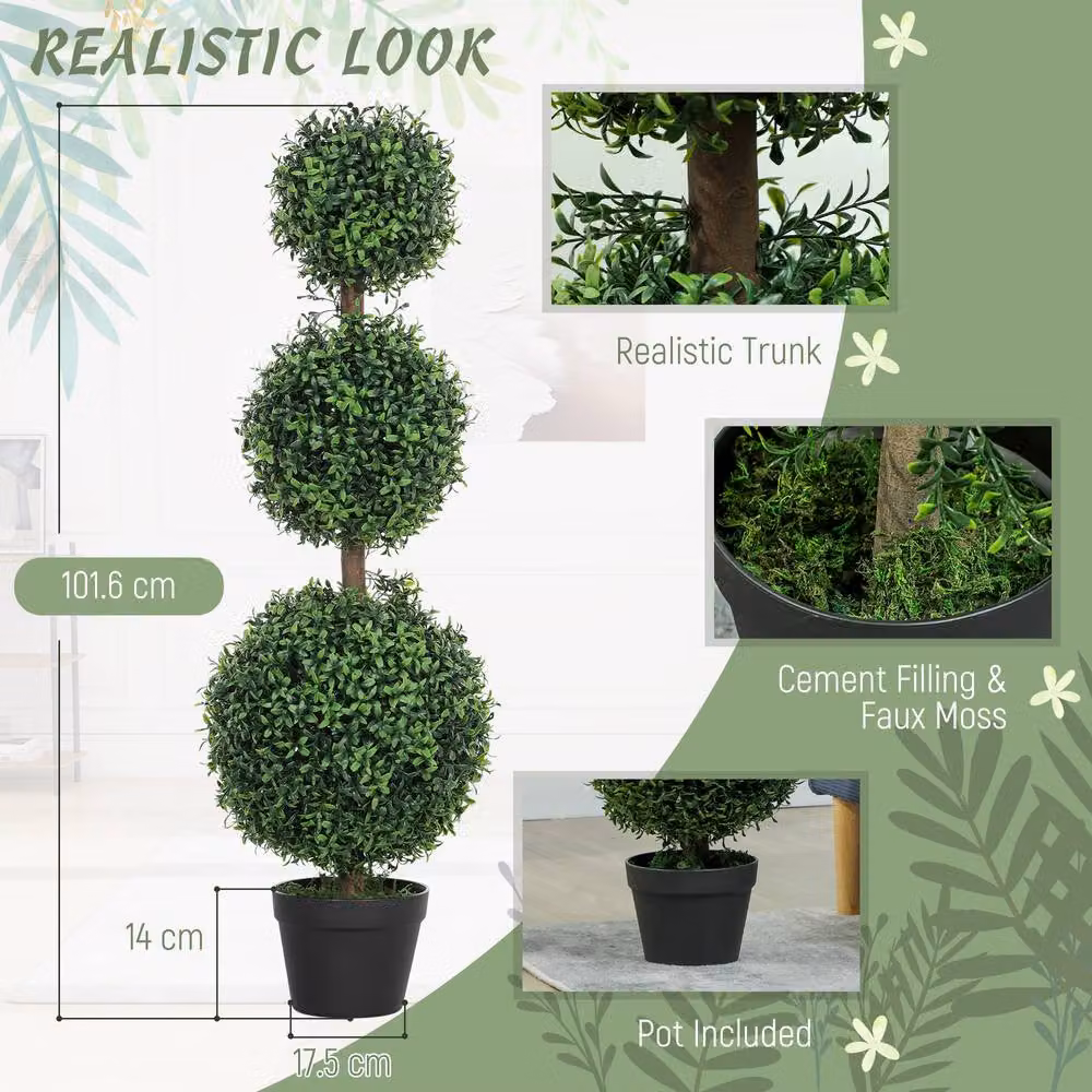 STILVORA Set of 2 Green Artificial Boxwood Trees in Round Concrete Pots, Height: 100 cm – 6