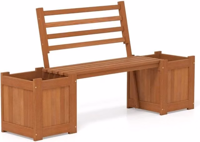 Kelvenix Rustic Oiled Wooden Planter Box with Bench and Backrest in Brown