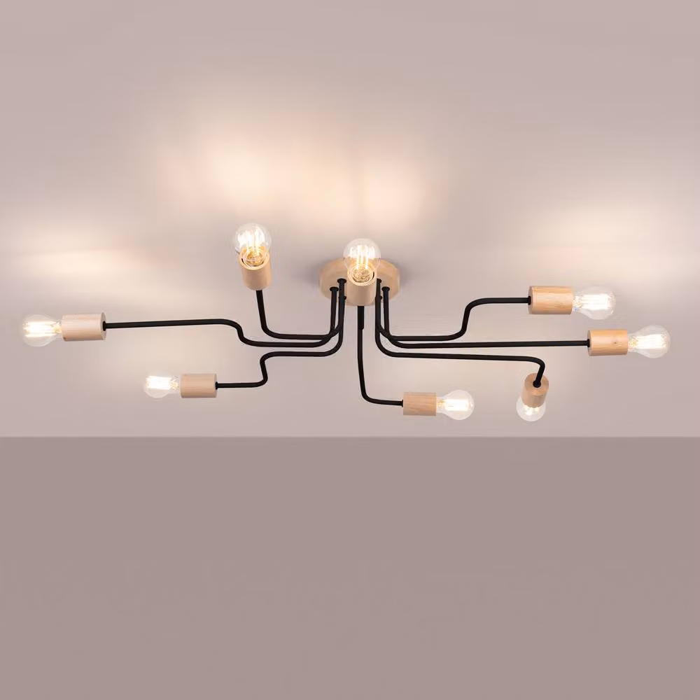 Sollux Lighting Scandinavian Loft Chandelier in Black and Wood, 8-Light Suspended Design, W/D/H: 100 x 16.5 x 60 cm – 2