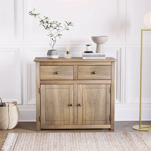 SPETLEK Solid Pine Wood Sideboard with 2 Doors and 2 Drawers in Beige