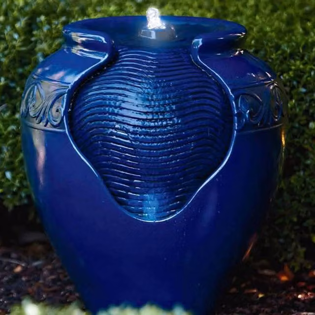 Teamson Home Blue Ceramic Tabletop Garden Water Fountain with Cascade Feature