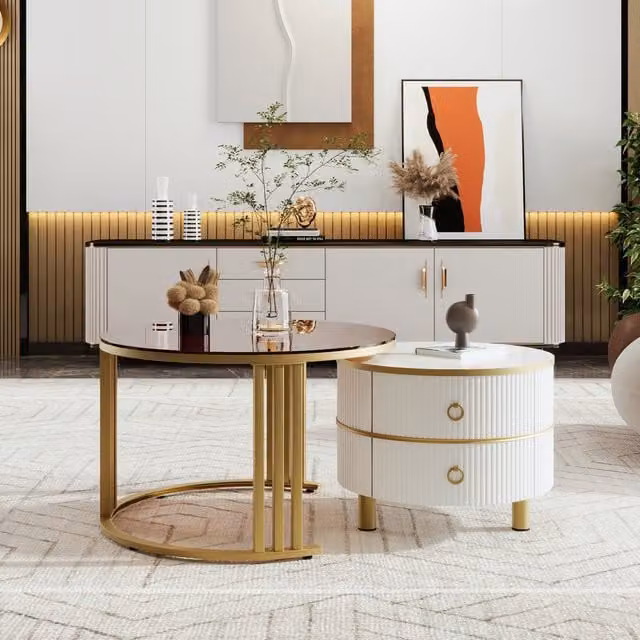 Home Touch Interiors Set of 2 Modern Round Nesting Coffee and Side Tables in Brown and White with Glass Tops