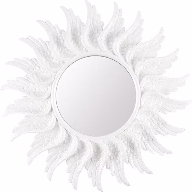 KDMK Round Glitter Angel Wing Wall Mirror, White, Diameter: 47 cm