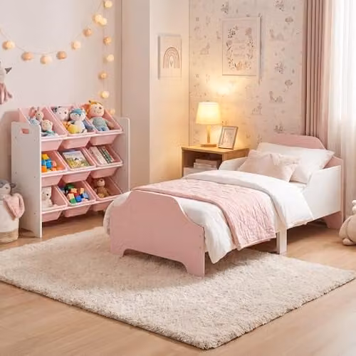 Liberty House Toys Two Tone Toddler Bed and 9 Bin Storage Unit Set in White and Pink, Solid Wood Children's Bedroom Furniture Set