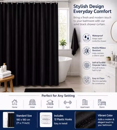 KAV Black Polyester Tiles Patterned Waterproof and Mould Resistant Shower Curtain, W/D/H: 180 x 180 x 0 cm – 4