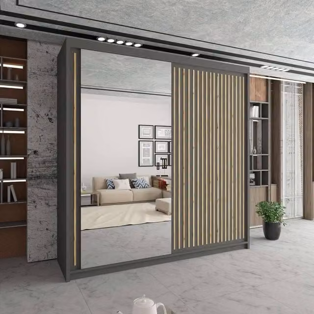 Sliding Wardrobes 4U Sleek Modern Grey Mirror Sliding Wardrobe with Integrated LED Lighting W203 cm x H217 cm