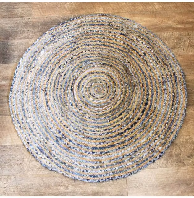 KDMD Handmade Round Jute and Cotton Rug in Blue Multicolour, Diameter: 120 cm – 1