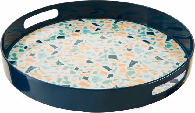 Orsina Melamine Round Terrazzo Serving Tray with Handles, Blue, White and Green, Diameter: 38 cm – 2
