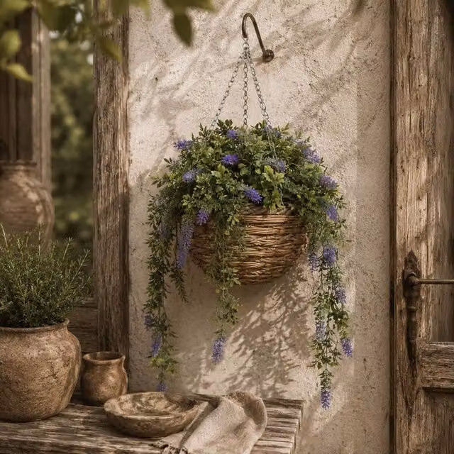 Wyld Haus Nodimo Set of 2 Artificial Purple Lavender Hanging Baskets with Silk Flowers and Green Leaves in Rattan Style Baskets – 1
