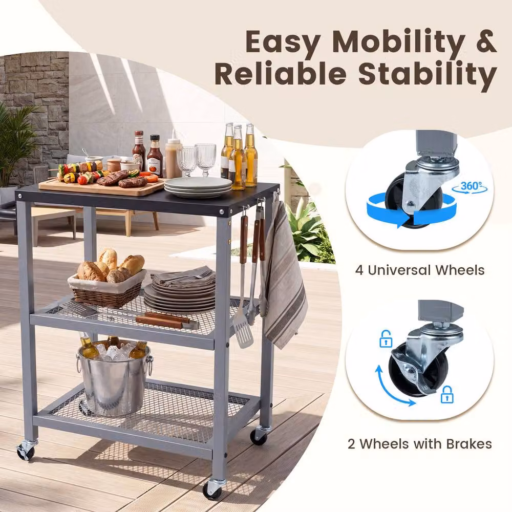 Costway 3-Tier Rolling Metal Kitchen and Garden Utility Cart with 6 Hanging Posts in Silver – 5