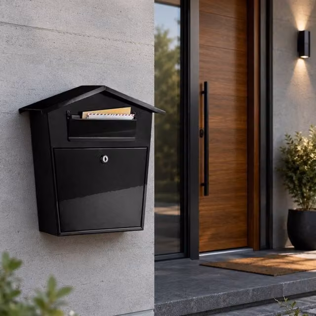 Orsina Black Steel Enamel Wall Mounted Tapered Letterbox W/D/H: 38 x 37 x 14 cm – 1