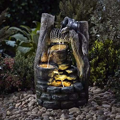 Clifford James Serenity Cascading Buckets Wishing Well Water Feature with LED Light, Height: 48.5 cm – 2