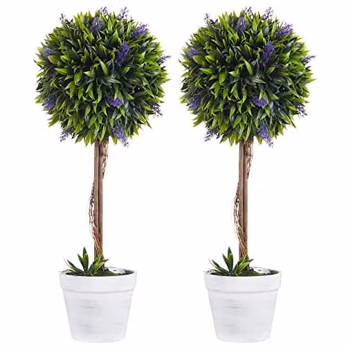 HOMCOM Set of 2 Potted Artificial Lavender Ball Trees in Green, Height: 60 cm – 1