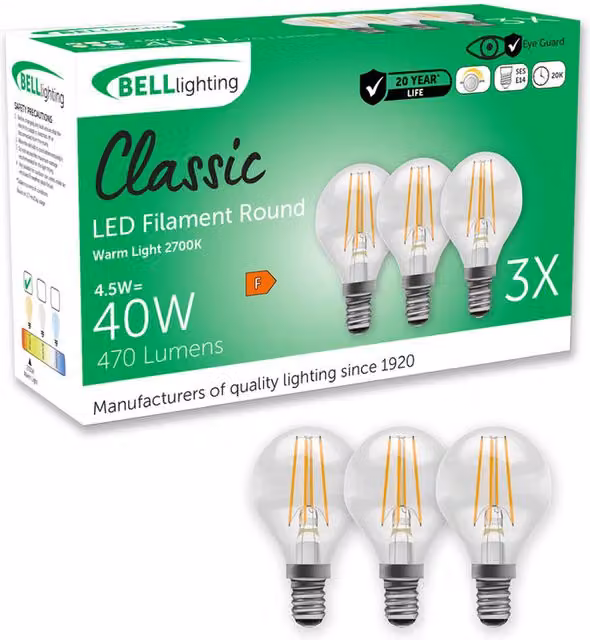 BELL Lighting E14 Dimmable LED Golf Ball Filament Bulb, Warm White 2700K, 4.5 W, Transparent Glass, 15 cm